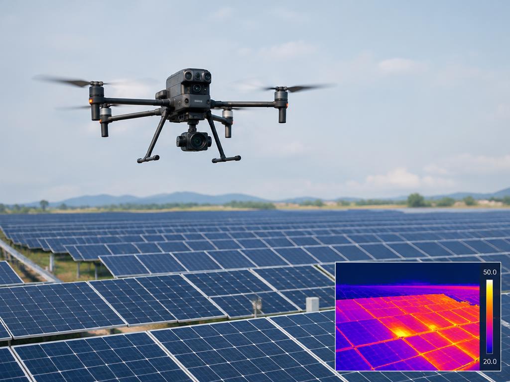 Dron provádějící termovizní inspekci nad fotovoltaickou elektrárnou