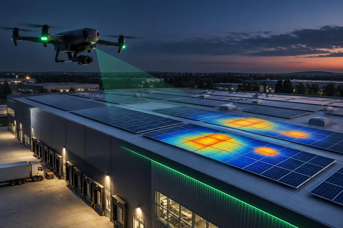 Dron s termovizní kamerou kontroluje fotovoltaický systém na střeše průmyslové haly